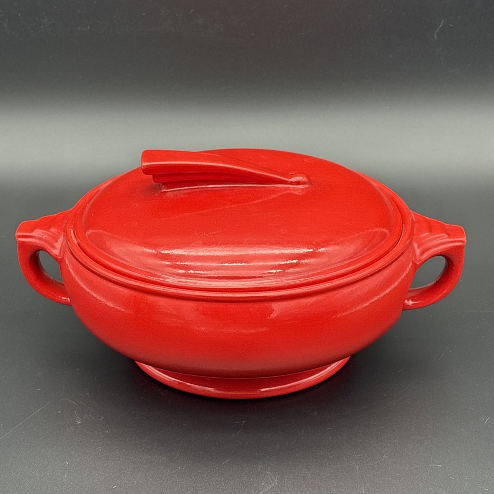 Vintage Hall China Sundial Casserole Dish Chinese Red Art Deco Gold Backstamp